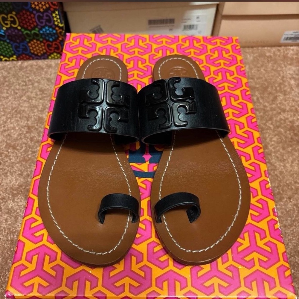 Tory Burch Black and Brown Logo Toe-Ring Slide Sandals